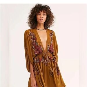 Free People Mustard Embroidered Mini Dress